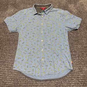 UNIONBAY Mens Short Sleeve Button Up Shirt S Light Blue Pasta Print Cotton
